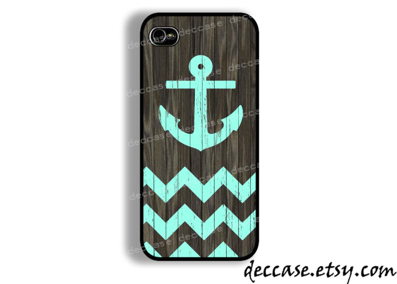 Iphone 5 Case Mint Chevron Anchor On Dark Wood Background Iphone 4